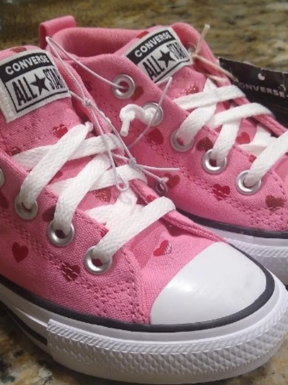 New Converse Toddler Girls' Pink Canvas Sneakers with Red Heart Accents Size 12.